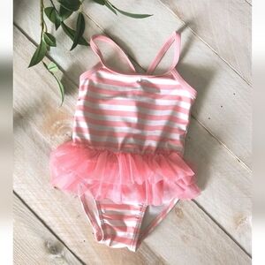 Baby Girls Pink White Striped Ruffle One Piece Bathing Suit Size 6-9 Months